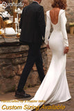 Elegant Wedding Dress Mermaid Square Neckline Long Sleeves Satin Bridal Dress U-Shape Backless Brides Dress