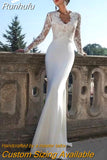 Lace Long Sleeve Mermaid Wedding Dress For Women With Train Elastic Appliques Bridal Gown Zipper Back Custom Made