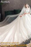 Embroidery Wedding Dress With Big Train 2023 High Neck Half Sleeve Wedding Gown Vintage Bridal Gown
