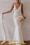 Deep V Neck Crepe Detachable Train Mermaid Wedding Dress 2023 Plain Sleeveless Open Back Simple Bridal Gowns Elegant