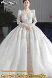 Sleeved Winter Wedding Dress 2023 New V Neck Luxury Beading Princes Wedding Gown Vestido De Noiva