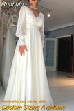 Vintage Boho Lace Chiffon Wedding Dresses Puff Long Sleeves V Neck Bohemian Bride Gowns Floor Length Elegant Bridal Dress