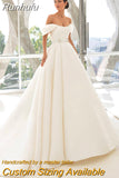 Strapless Satin A-Line Wedding Dress Off The Shoulder Sweep Train Princess Bride Gown Plus Size Vestido de Noiva
