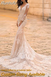 Lace Long Sleeve Mermaid Wedding Dresses 2023 Tulle Bridal Gown For Women Cathedral Train V-Neck Appliques Button Back