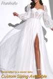 Wedding Dresses Chic A Line Lace Puff Long Sleeve Long High Slit White Bridal Gown For Women Formal