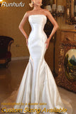 White Mermaid Wedding Dresses Strapless Pearls Satin Bridal Gowns Boho Beach Backless Evening Wedding Prom Gowns Custom Size
