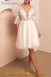 Tulle Wedding Dresses V-neck Ivory Half Puff Sleeve A Line 3D Lace Wedding Party Gowns 2023 For Women Short Knee Length