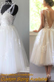 Wedding Dresses Summer 2023 Tea Length Robe De Mariée V-Neck Lace appliques Bride Dress Vestido De Novia