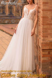 Spaghetti Straps Wedding Dress Sleeveless 2023 Lace Fashion Beads Tulle Bride Dress V-neck Backless A-Line Vestido De Novia