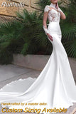 High Neck Long Sleeve Mermaid Wedding Dress Satin 2023 Lace Appliques Bridal Gown With Bow Gorgeous Train Button Back